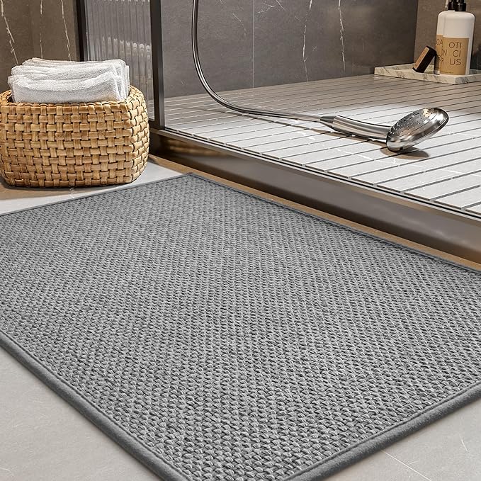 PADOOR Non-Slip Bath-Mats for Bathroom, Rubber-Backing Braided Absorbent Bathroom Mat Machine Washable Thin Bathroom Rugs Fit Under Door Quick Dry Bath Rugs for Floor, 17''x24'' Grey