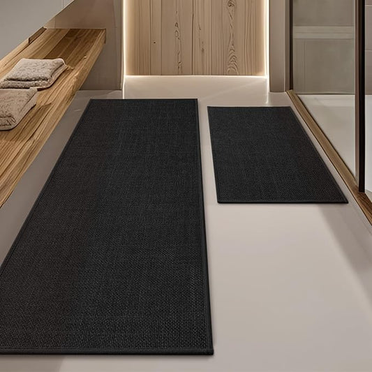 YIHOUSE Black Bathroom Rug Set, 2 Piece, 17"x24" + 17"x47", Non Slip, Quick Dry, Thin, Bath Mat for Bathroom and Kitchen