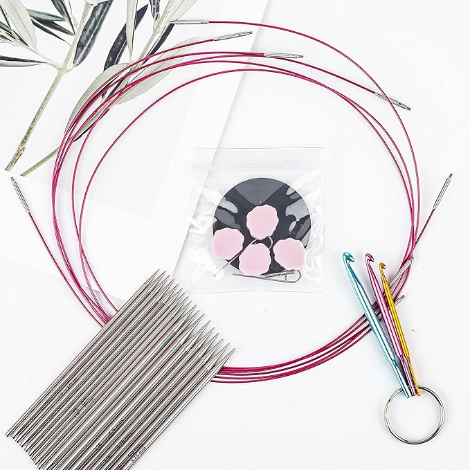 Froggod 4.5-Inch Aluminum Lace Interchangeable Circular Knitting Needle Set, Sizes US 1, 1.5, 2, 2.5, 4, 5, 6, 7 Interchangeable Knitting Needles Lace-Tip with 4 Assorted Cables with Project Bag