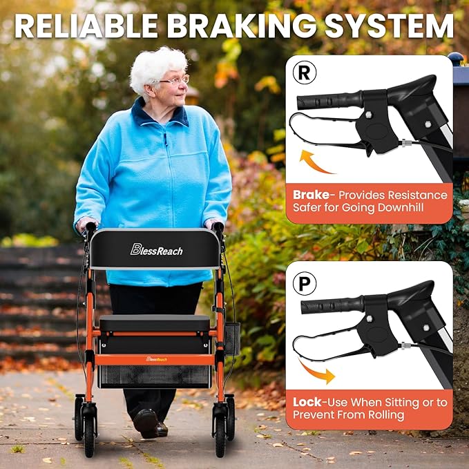 Foldable Rollator Walkers with Seat for Seniors, 450 lb Capacity, 8'' Wheels, 18" Big Seat, 6-Position Adjustable Height, Heavy-Duty Aluminum Rolling Walker (Red)