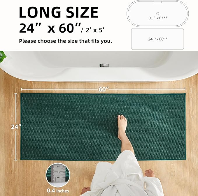 Bathroom Runner Rug, Long Bath Mat Washable Thin Quick Dry Low Pile Bathroom Runner Rugs 24 x 60 Non Slip, Dark Green 24"x60"