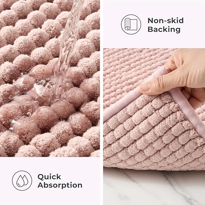 FRESHMINT Thick Chunky Chenille Bathroom Rugs 20"x32", Non Slip Bath Mat for Bathroom Floor, Large Soft Bathroom Decor Accessories, Cute Shower Mat Water Absorbent, Washable, Dusty Pink