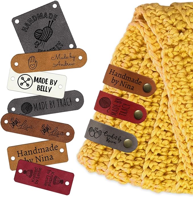 Custom Leather Tags for Crochet Items Personalized Tags for Handmade Items with Rivets Embellishment Knit DIY Craft Accessories-2.5"x0.6"