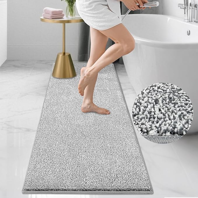 HDFK Bath Mat Runner Non Slip 60x24 Inches Bathroom Rugs 2 Tone Chenille Medium Pile with TPR Backing | Absorbent Solid Light Gray | Long Shower Transition Mats for Tub Side Wet Dry Zone Decor