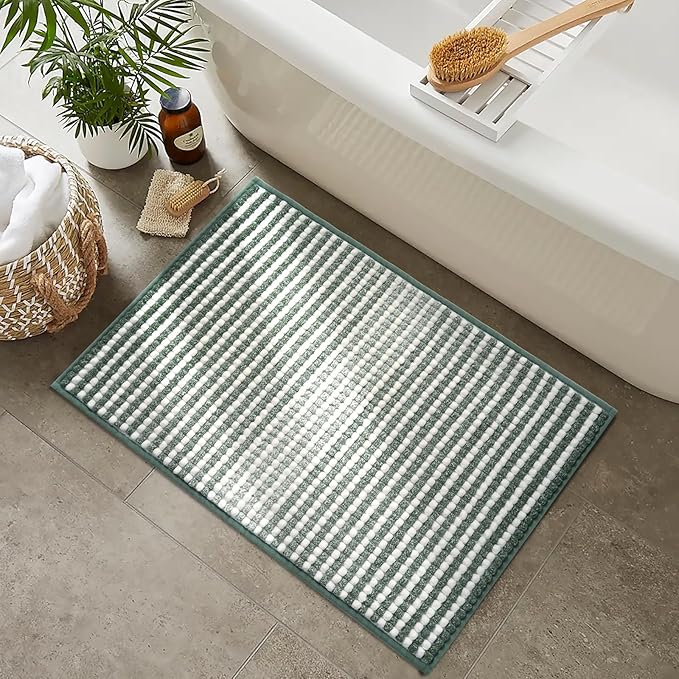 FRESHMINT Chunky Ombre Chenille Bathroom Rug 24"x36", Large Water Absorbent Soft Bath Rugs for Bathroom Floor, Thick Non Slip Bath Mat Washable Quick Dry Shower Mats, Sage Green and White
