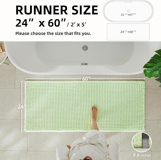 Waffle Runner Rug Bathroom, Boho Bathroom Rugs Non Slip Washable Long Super Absorbent Quick Dry Cute Bath Mat Farmhouse Bath Mat, 60"x24" Pale Green