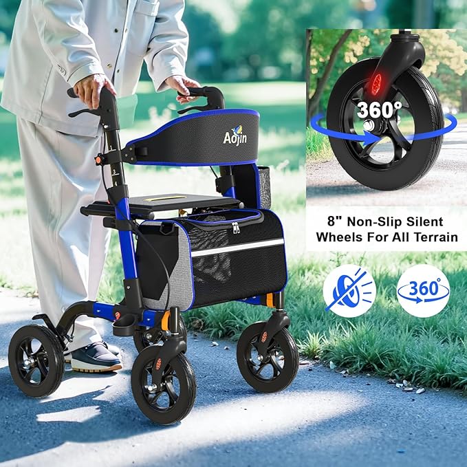 Walkers for Seniors, Rollator Walker with Seat, 350 lb Weight Capacity, 18" Big Seat, 8" All-Terrain Wheels, 6-Level Adjustable Height, Lightweight Aluminum Frame Rollator Walkers for Seniors (Blue)