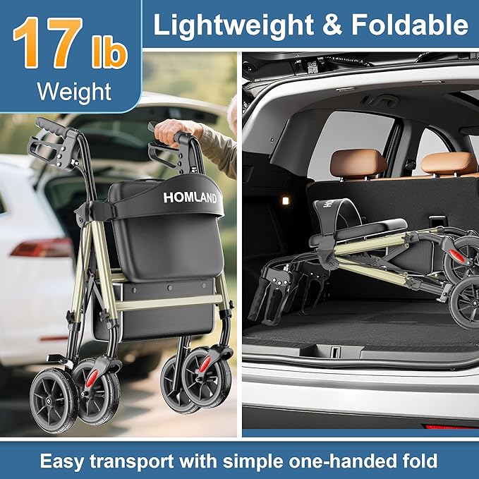 HOMLAND Rollator Walkers for Seniors with Seat, 8" All Terrain Wheels, Durable Aluminum Frame, Lightweight Foldable Walker with Ergonomic Seat, Height Adjustable Rolling Walker