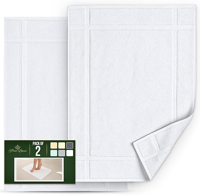 Pearl Linens Pack of 2 100% Cotton Bath Mat 20x30 inches, Soft & Absorbent Quick Dry Bathroom Mat Set, Not Bathroom Rugs, After Shower Mat, Bath Tub Mat, 687 GSM, Machine Washable, White