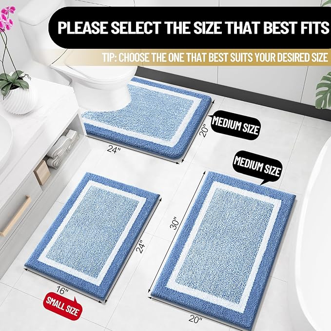 OLANLY Bathroom Rugs 30x20, Extra Soft and Absorbent Microfiber Bath Mat, Non-Slip, Machine Washable, Quick Dry Shaggy Bath Carpet, Suitable for Bathroom Floor, Tub, Shower (Medium, Blue)