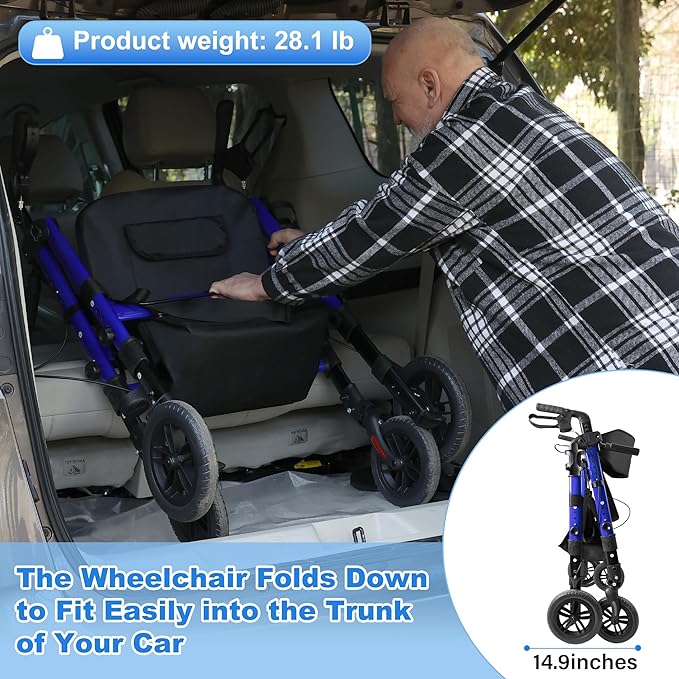 Walkers for Seniors,Heavy Duty Rollator Walker Wheelchair Combo, 2 in 1 Rollator Transport Chair with Brakes, 450 lb Rolling Walker 10" Big Wheels for All Terrain, Blue