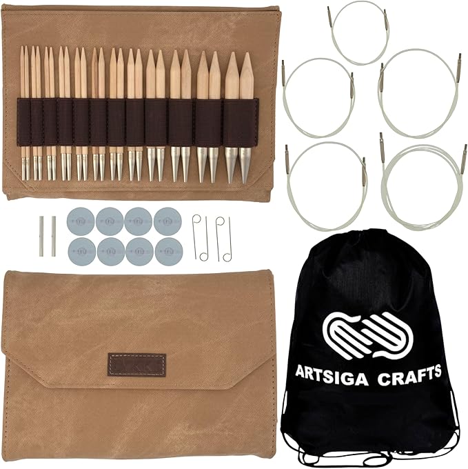 Lykke Naturale 5 in. Complete Set US Sizes 4, 5, 6, 7, 8, 9, 10, 10.5, 11, 13, 15, 17 Interchangeable Circ. Knitting Needles for DK, Worsted, Chunky Yarns, Birch, 5 Cords, Tan DM Case, Project Bag