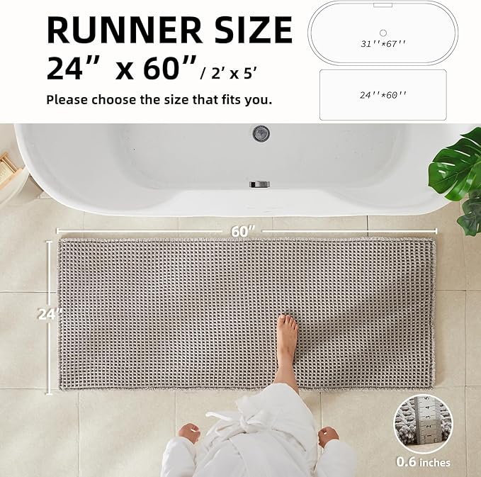 Waffle Runner Rug Bathroom, Long Boho Bathroom Rugs Non Slip Washable Super Absorbent Quick Dry Farmhouse Bath Decor, 60"x24" Light Grey
