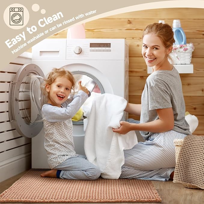 Waffle Bath Mat, Boho Bathroom Rugs Non Slip Washable Super Absorbent Quick Dry Bath Mat Farmhouse Bathroom Decor, 48"x24" Light Peach