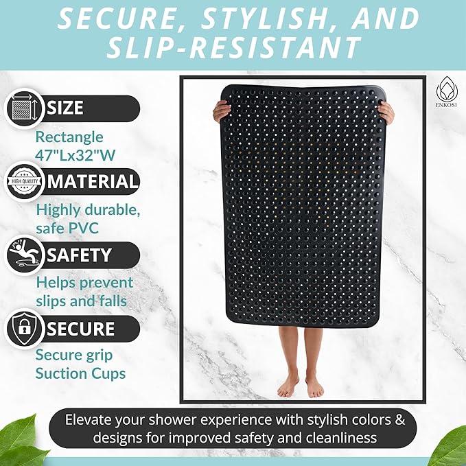 ENKOSI Extra Large Shower Mat Non Slip - 47 x 32 inch - XL Bathroom Shower Mat - Large Shower Matts for Shower Stall Floors - Secure Suction Cups and Drain Holes (47x32 Black)