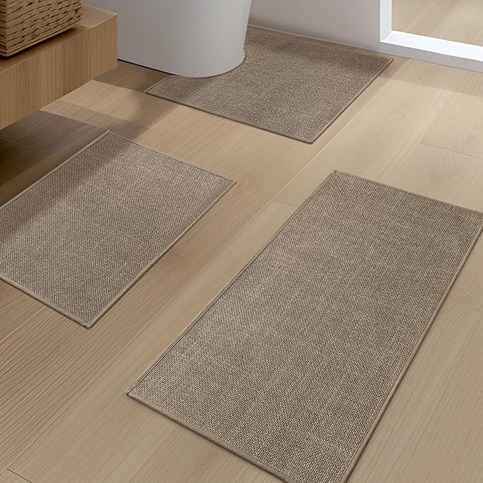 YIHOUSE Brown Bath Rug Set, 3 Piece Dark Beige Absorbent Non Slip Washable, Quick Dry Thin Bath Mat for Toilet and Floor