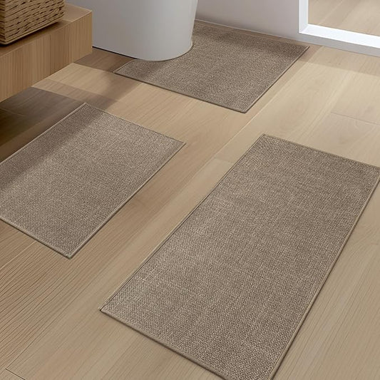 YIHOUSE Brown Bath Rug Set, 3 Piece Dark Beige Absorbent Non Slip Washable, Quick Dry Thin Bath Mat for Toilet and Floor