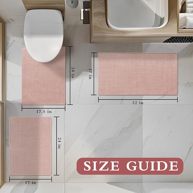 YIHOUSE Pink Bathroom Rug Set, 3 Piece, Absorbent Non Slip, Quick Dry, Thin Bath Mat for Bathroom and Kitchen