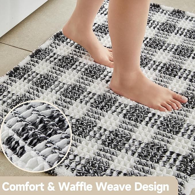 Waffle Bath Mat, Boho Bathroom Rugs Non Slip Washable Absorbent Checkered Bathroom Mat Quick Dry Farmhouse Bathroom Decor, 30"x20" Black and White