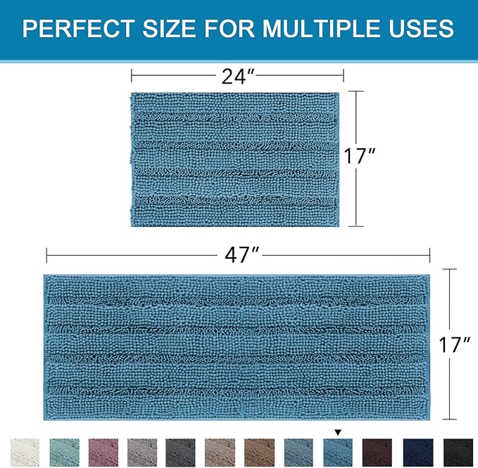 H.VERSAILTEX 2 Piece Bathroom Set - Super Absorbent Chenille Striped Bath Mats - Non Skid, Machine Washable - Turquoise Blue, 47 x 17 Plus 17 x 24 Inches