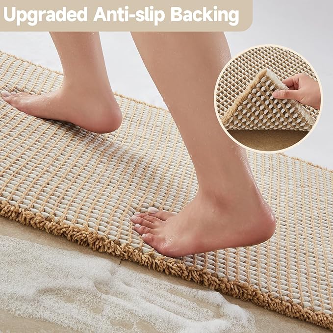 Waffle Bath Mat, Boho Bathroom Rugs Non Slip Washable Super Absorbent Quick Dry Bath Mat Farmhouse Bathroom Decor, 24"x16" Khaki and White