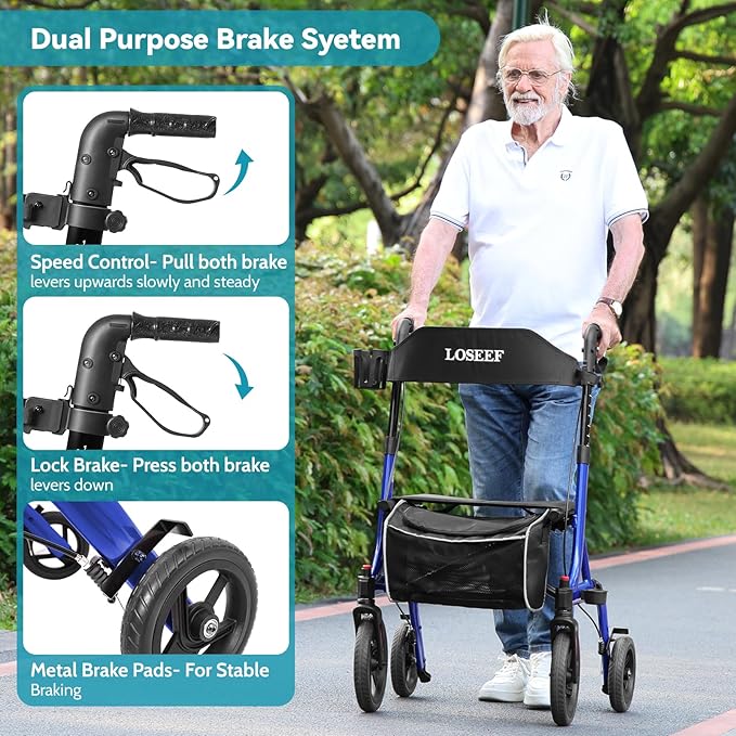 Rollator Walkers for Seniors, 10" Big Rubber Wheels All Terrain Rollator Walker with Adjustable Backrest and Handles, 350 Lbs, Cup Cane Holder, Foldable Lightweight Walker with Seat for Seniors Blue
