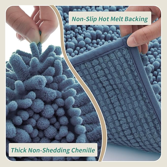 Bathroom Runner Rug 24x60 Non Slip Washable Long Bath Mat for Tub Thick Soft Absorbent Bathroom Floor Mat Large Chenille Bath Rug for Shower, Blue