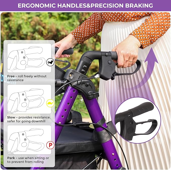 Heavy Duty Rollator Walker for Seniors with Seat, Foldable 2 in 1 Rolling Walkers Wheelchair Combo for Adult, All Terrain Wheels, Adjustable Transport Chair with Brake, 450 lb. Weight Capacity, Purple