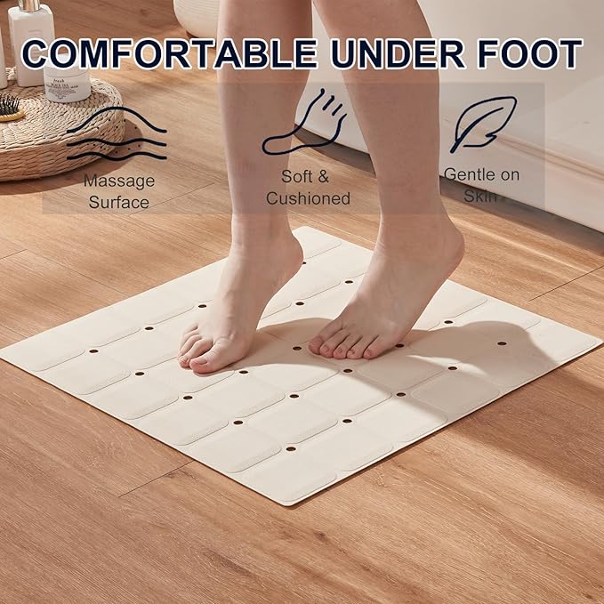 Anti Slip Shower Mat for Tub & Shower Stall, 21" x 21" Square Silicone Bathtub Mat with Powerful Suction Cups, Fast-Draining, Machine Washable Soft Foldable Bathroom Mat, Beige