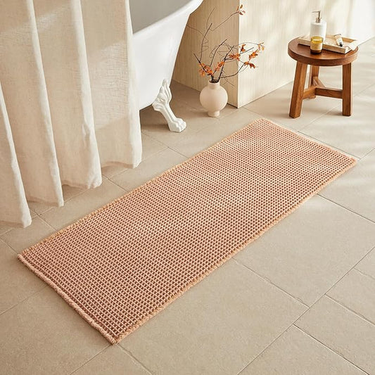Waffle Runner Rug Bathroom, Long Boho Bathroom Rugs Non Slip Washable Super Absorbent Quick Dry Farmhouse Bath Decor, 60"x24" Light Peach
