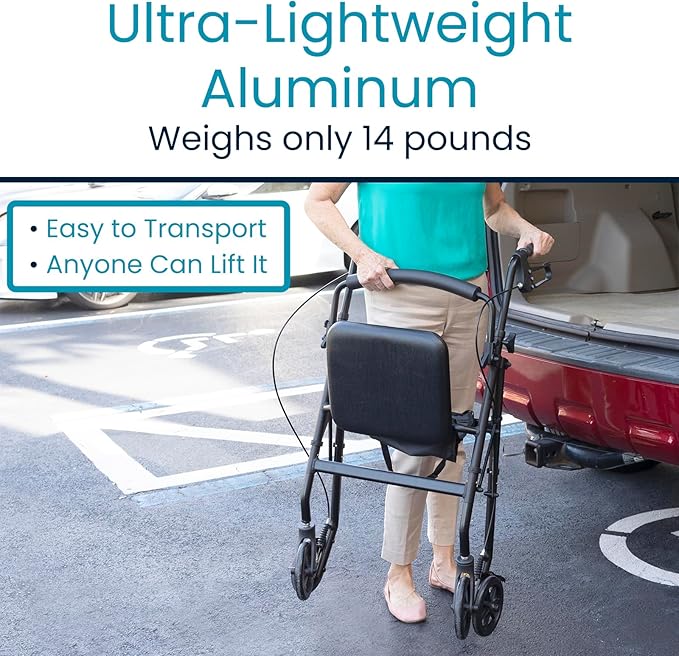 Vive Ultra Lightweight Rollator Walker with Seat - Foldable, Narrow, Rolling Senior Walker for Small Spaces - 4 Wheel Aluminum Adult Easy Drive Aid with Underseat Accessory - Weighs Only 14 Lbs
