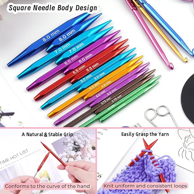 Hobekoee 2-Inch＆3-Inch Interchangeable Knitting Needles Set 9 Pairs Square Ergonomic Circular Knitting Needles with 4 Cables,Short Aluminum Needles Kit 3.5mm-8.0mm