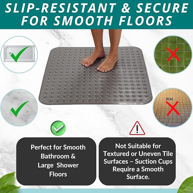 ENKOSI Extra Large Square Non Slip Shower Mat - 31 x 31-inch XL Bathroom Shower Mat - Square Shower Matts for Shower Stall Floors | Secure Suction Cups and Drain Holes (31x31 Clear Gray)