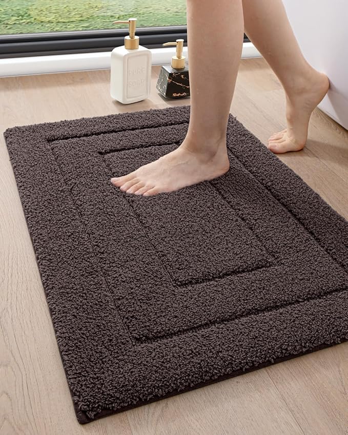 DEXI Bathroom Rug 24x16, Non Slip Washable Bath Mat for Shower Floor, Absorbent Soft Bathmat with Rubber Backing, Quick Dry Microfiber Carpet, Brown