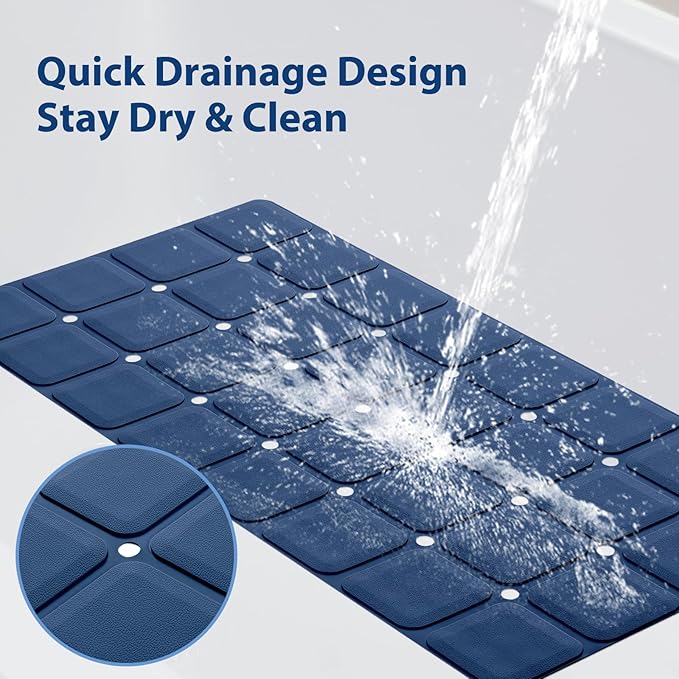 Silicone Bath Mat with Suction Cups – Non-Slip Foldable Bathtub & Shower Mat, Durable & Quick-Dry Safety Tub Mat with Large Drain Holes for Families 28"x 14" Navy Blue
