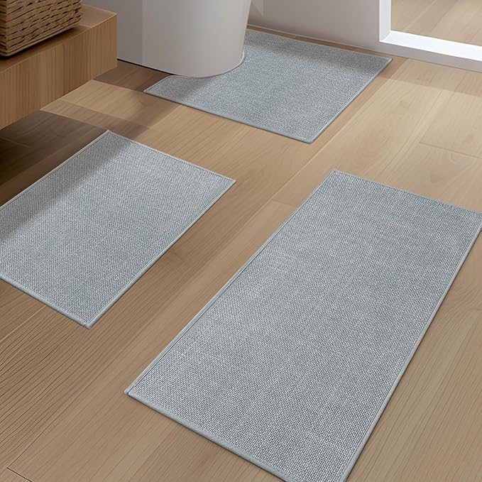 YIHOUSE Light Grey Bathroom Rug Sets 3 Piece, Absorbent Bath Mat for Bathroom Non Slip Washable, Bathroom Mat Quick Dry, Thin Bath Rug Set for Toilet and Floor