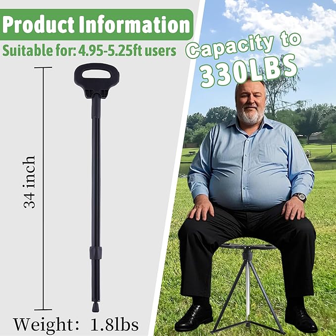 ALEVMOOM Walking Cane with Seat Folding Lightweight, 2-in-1 Cane Stool for Adults, Aluminum Walking Stick with Seat, Portable Stool for Senior, with Carry Bag