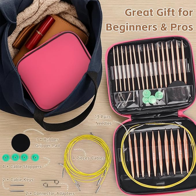 Interchangeable Circular Knitting Needles Set, 13 Pairs (26pcs) Rose Gold Aluminum Knitting Needles Kit, Sizes 3.0mm–10.0mm, Knitting Needle Case & Accessories for Knitting Beginners & Advanced