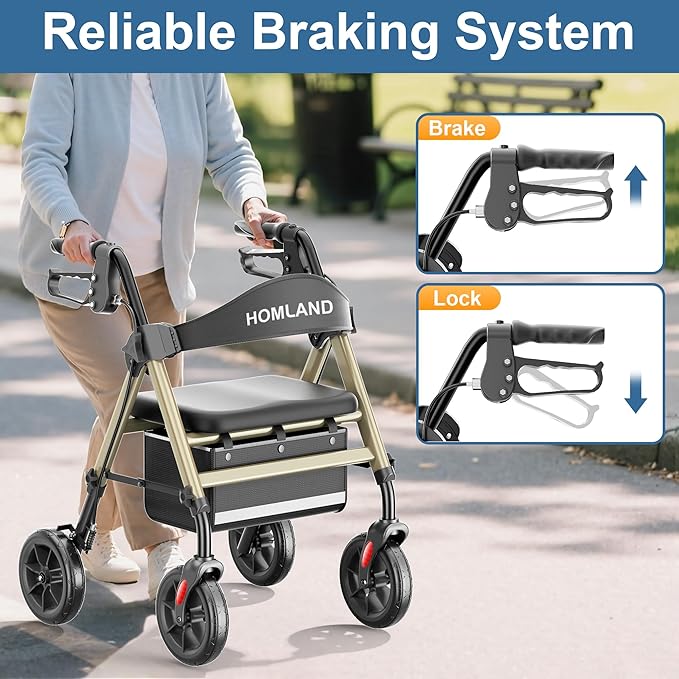 HOMLAND Rollator Walkers for Seniors with Seat, 8" All Terrain Wheels, Durable Aluminum Frame, Lightweight Foldable Walker with Ergonomic Seat, Height Adjustable Rolling Walker
