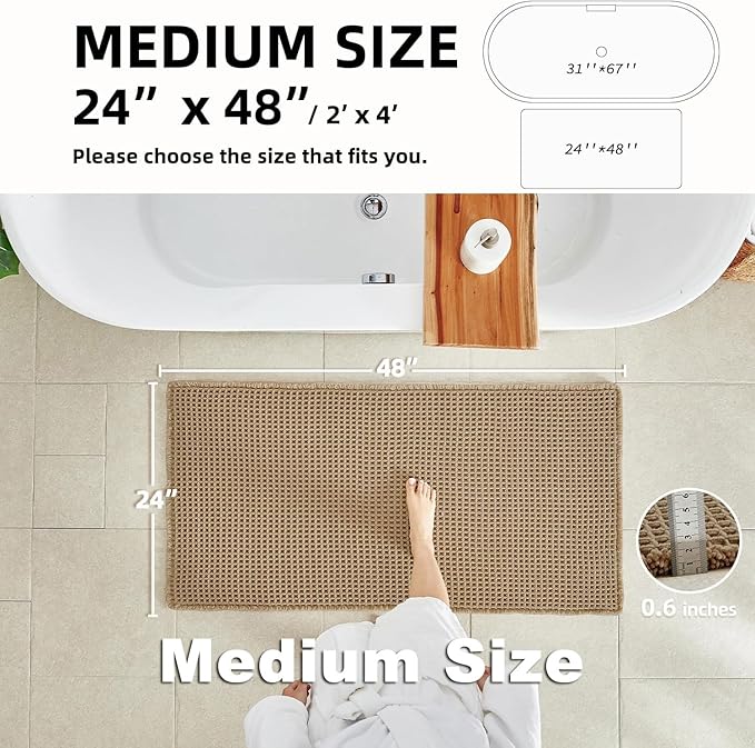 Waffle Bath Mat, Boho Bathroom Rugs Non Slip Washable Super Absorbent Quick Dry Farmhouse Bathroom Decor, 48"x24" / 4'x2' Khaki