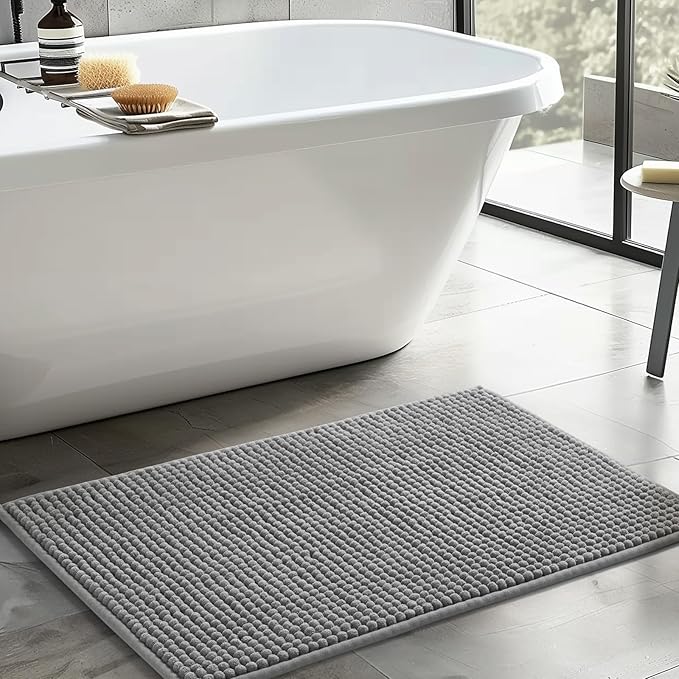 FRESHMINT Thick Chunky Chenille Bathroom Rug, 24"x36", Non Slip Bath Mat, Soft Bathroom Decor, Cute Shower Mat, Water Absorbent, Washable, Dove Gray