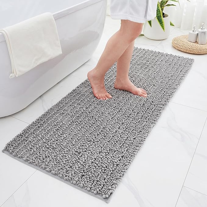 Non Slip Bathroom Rug Machine Washable Thick Grey Bath Mat 24x44 Soft Absorbent Bathroom Floor Mat Chenille Bath Rug for Shower Tub