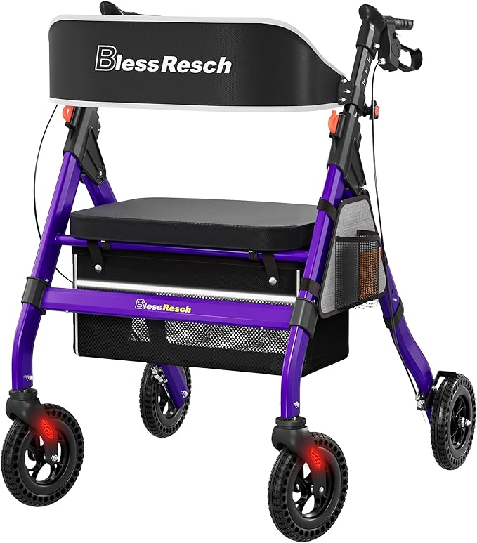 Foldable Rollator Walkers with Seat for Seniors, 450 lb Capacity, 8'' Wheels, 18" Big Seat, 6-Position Adjustable Height, Heavy-Duty Aluminum Rolling Walker (Purple)