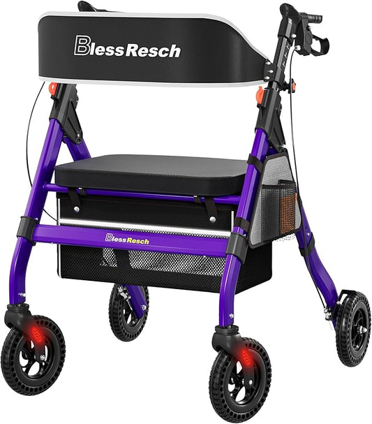 Foldable Rollator Walkers with Seat for Seniors, 450 lb Capacity, 8'' Wheels, 18" Big Seat, 6-Position Adjustable Height, Heavy-Duty Aluminum Rolling Walker (Purple)
