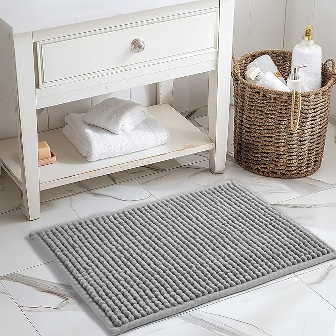 FRESHMINT Thick Chunky Chenille Bathroom Rug, 17"x24", Non Slip Bath Mat, Soft Bathroom Decor, Cute Shower Mat, Water Absorbent, Washable, Dove Gray