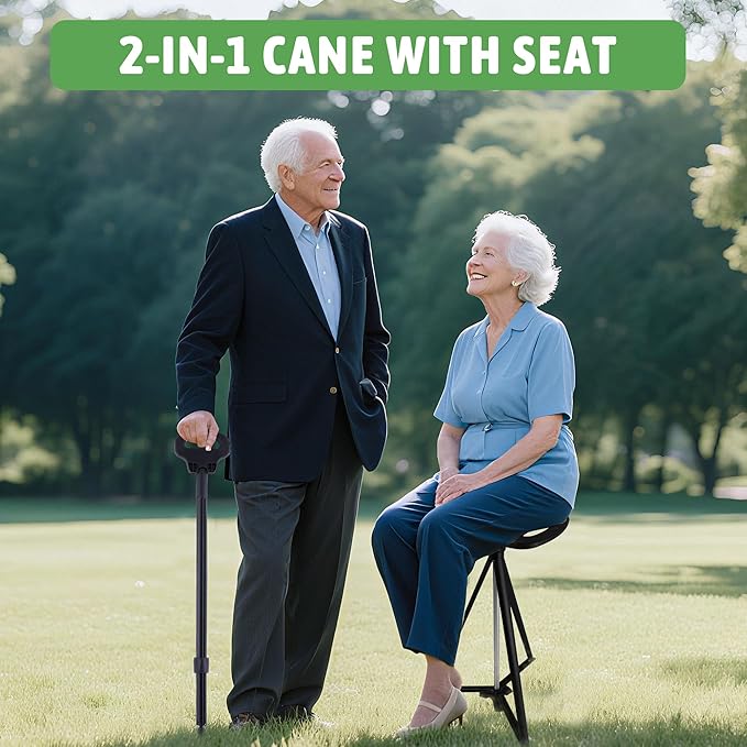 ALEVMOOM Walking Cane with Seat Folding Lightweight, 2-in-1 Cane Stool for Adults, Aluminum Walking Stick with Seat, Portable Stool for Senior, with Carry Bag