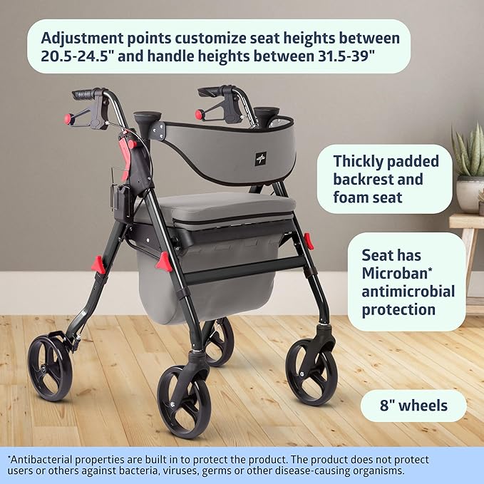 Medline Premium Empower Rollator Walker with Memory Foam Seat, Gray & Black, 300 lb. Weight Capacity, 8” Wheels, Microban* Technology, Cupholder, Rolling Walker for Mobility Impairment