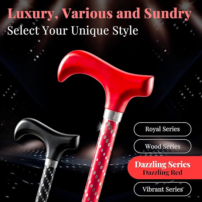 Merry Sticks Lightweight Foldable Walking Canes for Women and Men, Adjustable & Collapsible Walking Stick for Seniors, Balancing Mobility Aids, Ergonomic Handle & Wrist Strap - Dazzling Red