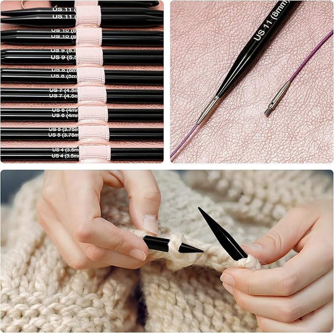 Froggod 4.53-inch (11.5cm) Interchangeable Circular Knitting Needles Set Aluminum US Sizes 2.5, 4, 5, 6, 7, 8, 9, 10, 11 with Interchangeable Knitting Needles and Cables, Accessories and Case, 9 Pairs