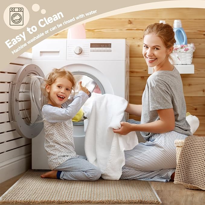 Waffle Bath Mat, Boho Bathroom Rugs Non Slip Washable Super Absorbent Quick Dry Bath Mat Farmhouse Bathroom Decor, 36"x24" Khaki and White